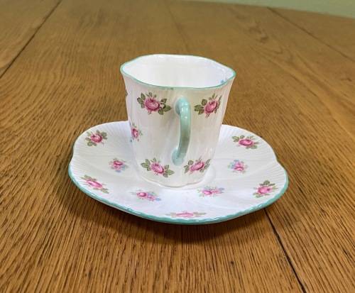 COFFEE DUO=DEMITASSE=SHELLEY=ROSEBUD PATTERN=FINE BONE CHINA=ROSES=STUNNING!!!!=EXPRESSO=Cappuccino!