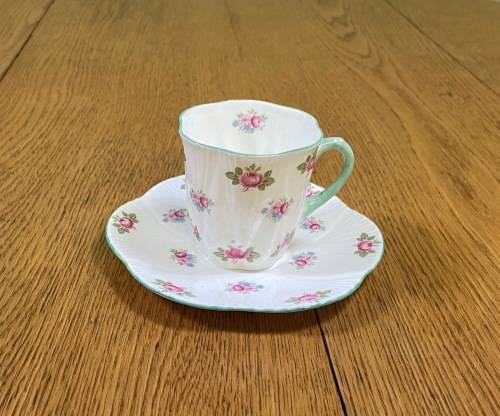 COFFEE DUO=DEMITASSE=SHELLEY=ROSEBUD PATTERN=FINE BONE CHINA=ROSES=STUNNING!!=EXPRESSO=Cappuccino!=c