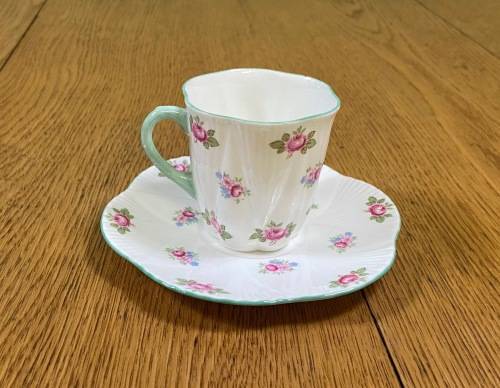 COFFEE DUO=DEMITASSE=SHELLEY=ROSEBUD PATTERN=FINE BONE CHINA=ROSES=STUNNING!!=EXPRESSO=Cappuccino!=c