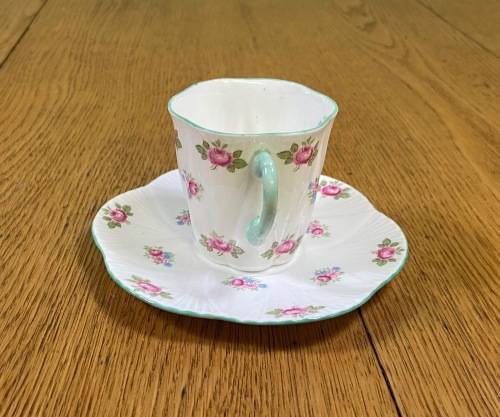COFFEE DUO=DEMITASSE=SHELLEY=ROSEBUD PATTERN=FINE BONE CHINA=ROSES=STUNNING!!=EXPRESSO=Cappuccino!=c