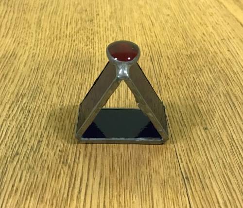 SERVIETTE RING TRIANGULAR PEWTER, TIN or LEAD??? BLUE GLASS RED GLASS CABOCHON ON TOP UNUSUAL!!!!
