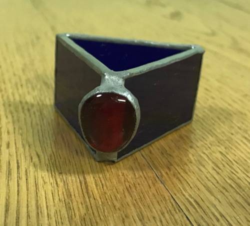 SERVIETTE RING TRIANGULAR PEWTER, TIN or LEAD??? BLUE GLASS RED GLASS CABOCHON ON TOP UNUSUAL!!!!