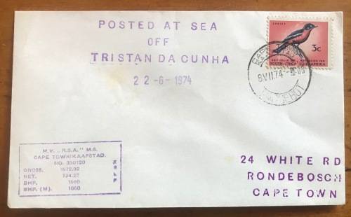 CAPE TOWN PAQUEBOT 8.7.74 MV R.S.A. SHIP POSTED AT SEA OFF TRISTAN DA CUNHA 22.6.74 SHRIKE BIRD SACC