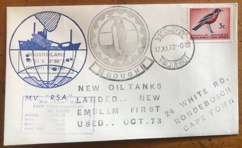 CAPE TOWN PAQUEBOT 17.11.73 MV R.S.A. SHIP GOUGH ISLAND NEW OIL TANKS LANDED SHRIKE PENGUIN EMBLEM.