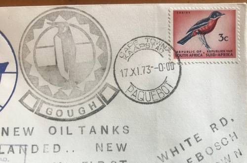 CAPE TOWN PAQUEBOT 17.11.73 MV R.S.A. SHIP GOUGH ISLAND NEW OIL TANKS LANDED SHRIKE PENGUIN EMBLEM.