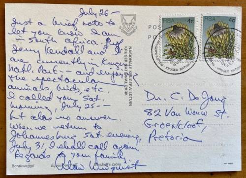 POSTCARD=BURCHELL'S ZEBRA=KRUGER NATIONAL PARK=EQUUS BURCHELLI=BONTKWAGGA=KNP CDS=1982.