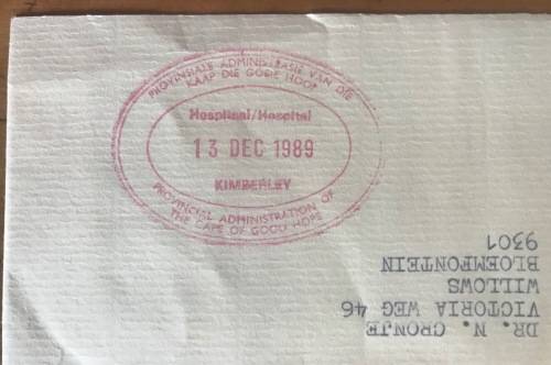 KIMBERLEY MEDICAL HOSPITAL PROVINCIAL ADMINISTRATION of CAPE of GOOD HOPE 1989 CACHET SOUTH AFRICA.