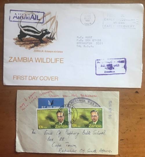 ZAMBIA COVERS x 2 1975 CHINGOLA NCHANGA SDA CHURCH 1983 WILDLIFE STRIPED POLECAT FDC ZORILLA AIRMAIL