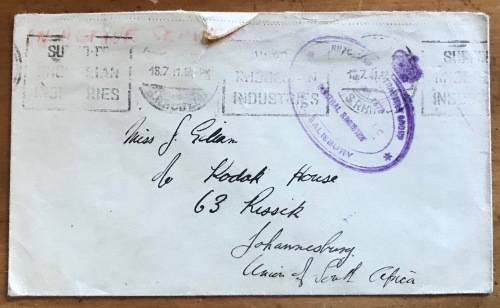 SOUTHERN RHODESIA ON ACTIVE SERVICE LETTER WWII 1941 to SOUTH AFRICA c/o KODAK HOUSE JOHANNESBURG.