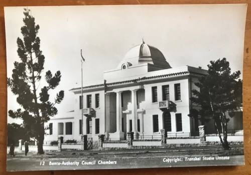 POSTCARD POST CARD POSKAART BANTU AUTHORITY COUNCIL CHAMBERS TRANSKEI STUDIO UMTATA B and W