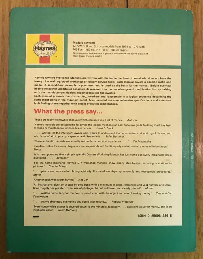 VW GOLF & SCIROCCO OWNERS WORKSHOP MANUAL 1974-78- Author HAYNES & KINCHIN - HAYNES Publishing