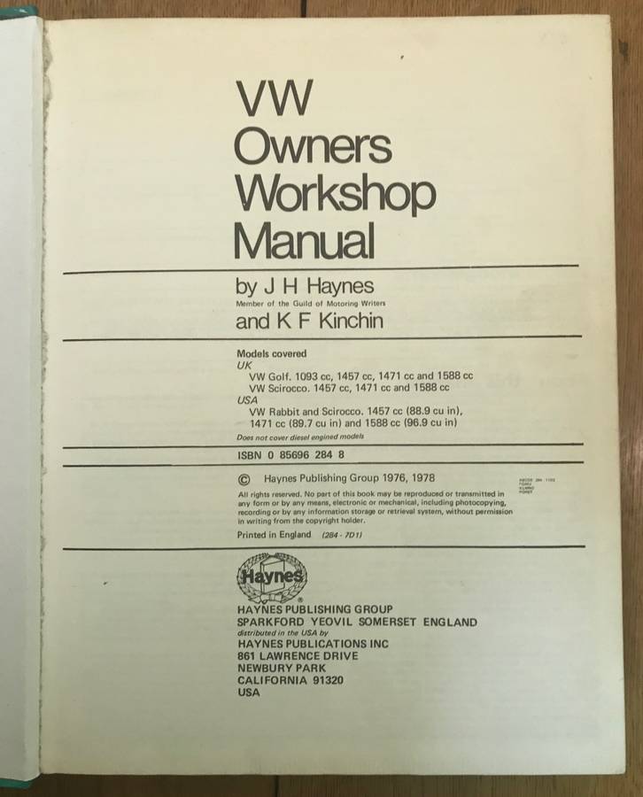 VW GOLF & SCIROCCO OWNERS WORKSHOP MANUAL 1974-78- Author HAYNES & KINCHIN - HAYNES Publishing