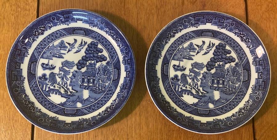 JOHNSON BROTHERS - 2 x SAUCERS - BLUE & WHITE - WILLOW PATTERN - BIRDS - BOATS - BRIDGE - TREES.