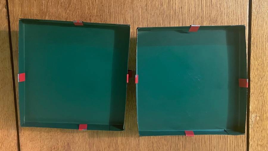 CANDLE HOLDERS PAIR (2) - SQUARE METAL PAINTED RED & GREEN.