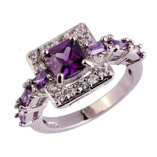 Stunning Princess Cut Cubic Zirconia Amethyst & White Topaz 925 Silver Ring