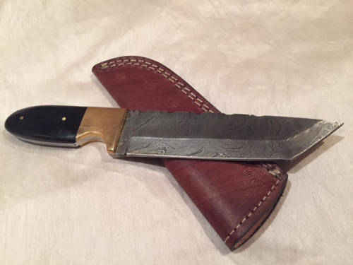 *J* Damascus steel knife (straight blade) with genuine leather sheath (hand-made)