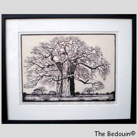 J H PIERNEEF (1886 - 1957). Print of Woodblock. BAOBAB TRANSVAAL. Framed & Glazed.