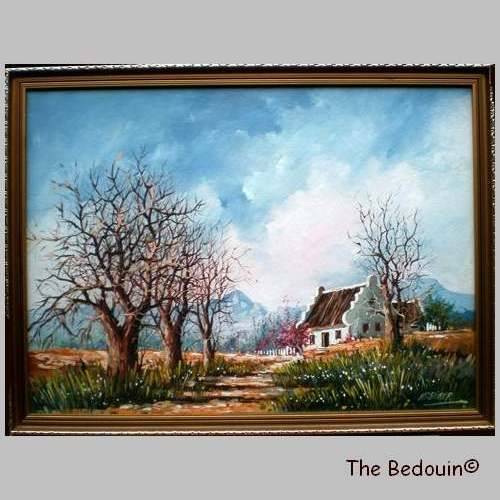 H G Storer. South African Artist. BOLAND FARMHOUSE IN THE EARLY MORNING. Oil. (c 1980). Framed.