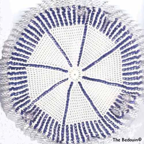 DOILY. Beaded and hand crocheted. Cotton and royal blue + clear glass beads. Vintage.