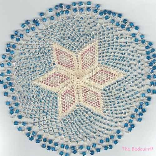 DOILY. Beaded and hand crocheted. Cotton and blue, pink and clear glass beads. Vintage.