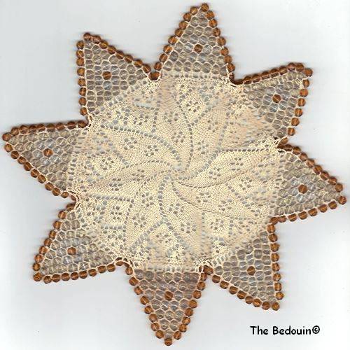 DOILY. Beaded and hand crocheted. Cotton and amber, light green and clear glass beads. Vintage.