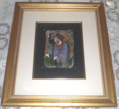 ORIGINAL OIL ON CLAY TABLET PAINTING (ICON). Lady with lilies. Artist: P Lessing (1995)