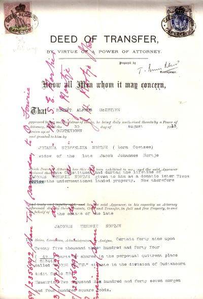 UNION OF SOUTH AFRICA. CAPE (OUDTSHOORN) Deed Of Transfer 1913.