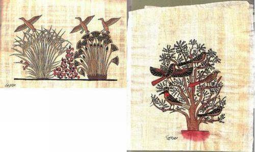 TWO ORIGINAL MULTIMEDIA EGYPTIAN PAINTINGS ON PAPYRUS. Signed. Unframed. Birds / Plants.