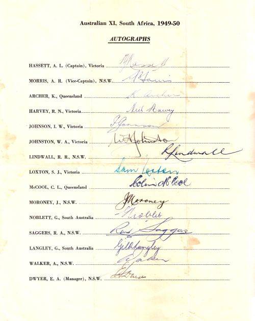 CRICKET. Original Signatures of the 1949 - 1850 Touring Australian Cricket Team.