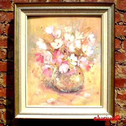 Orig oil painting. 'Still Life with Cosmos Flowers'  by S A artist SONETT OLLS. Framed. (1983)