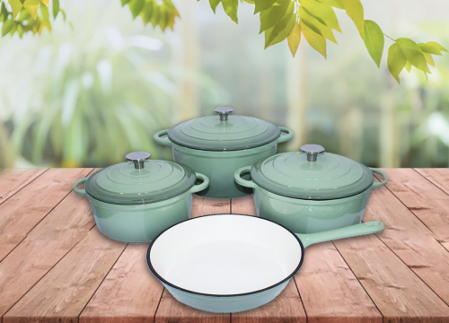7 Piece Glazed Cast Iron Dutch Oven Cookware Pot Set - Mint Green - Premium Quality - Brand New