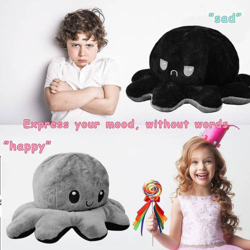 Reversible Mood Plush Octopus - Sad Red To Happy Brown