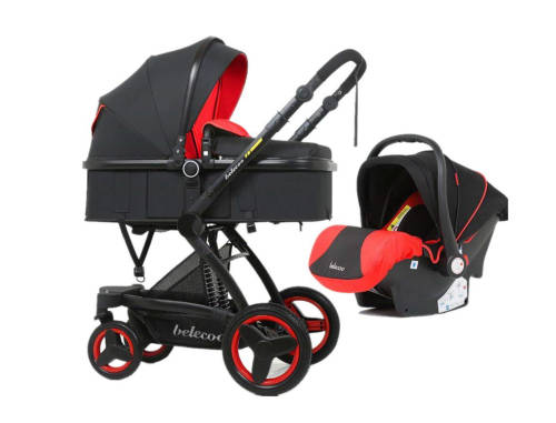 Belecoo 3 in 1 Baby Pram Stroller with Car Seat - Black and Red