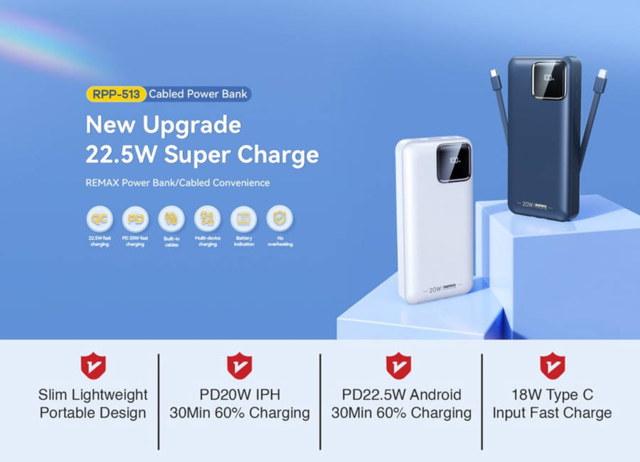 Remax Energy 30000mAH 20W+22.5W+PD+QC Fast Charge Power Bank With Built In Cables
