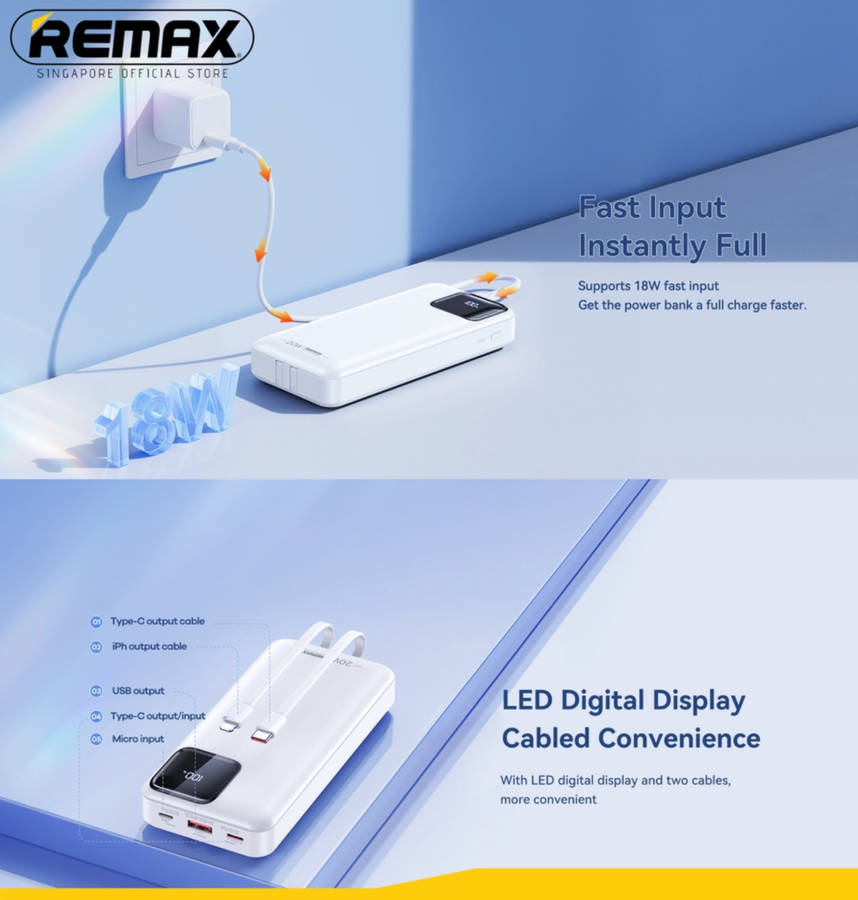 Remax Energy 30000mAH 20W+22.5W+PD+QC Fast Charge Power Bank With Built In Cables