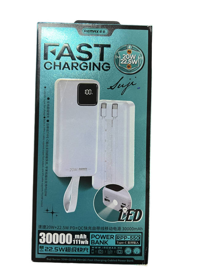 Remax Energy 30000mAH 20W+22.5W+PD+QC Fast Charge Power Bank With Built In Cables