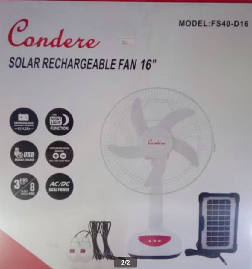 Condere 16` Rechargeable Solar Fan with Built in light and 2 Light Bulbs and a Solar Panel