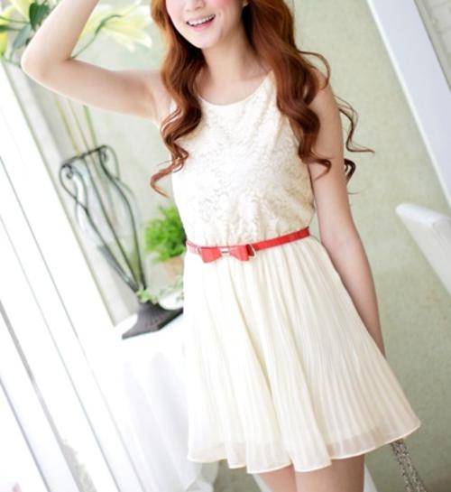 *Fashion Tokyo* Elegant Flora Lace Pleated Chiffon Dress-Almond