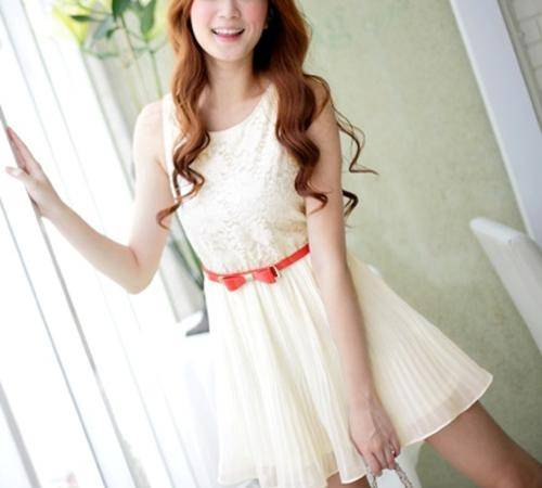  *Fashion Tokyo* Elegant Flora Net Pleated Chiffon Dress-Almond