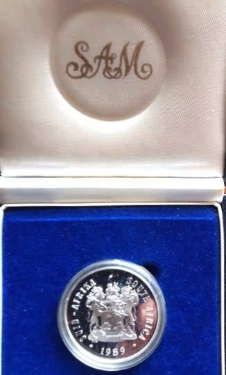 1989 - PROOF SILVER ONE RAND - ISSUED IN PROTECTIVE SEALED PLASTIC CONTAINER - USUAL BLUE S.A.M CASE