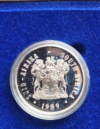 1989 - PROOF SILVER ONE RAND - ISSUED IN PROTECTIVE SEALED PLASTIC CONTAINER - USUAL BLUE S.A.M CASE