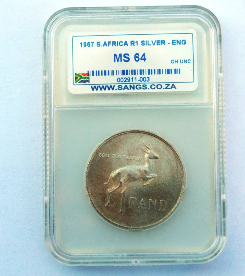 1967 SILVER PROTEA ONE RAND. GRADED MS64 - ENGLISH