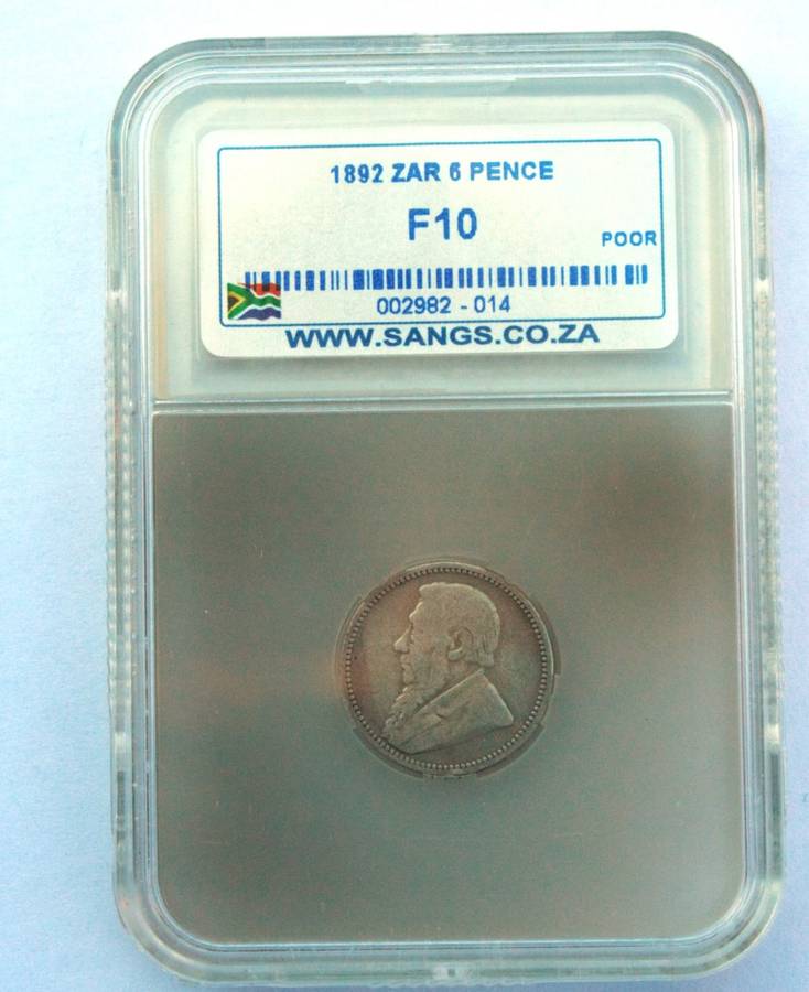 1892 ZAR PAUL KRUGER SIXPENCE - GRADED F10