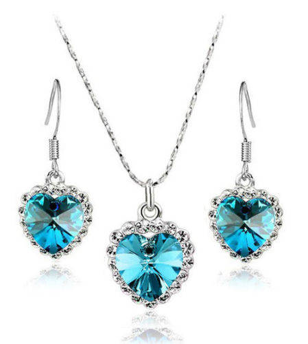 Heart Shape Pendant Ocean Sea Blue Rhinestone Crystal Necklace and Matching Earrings