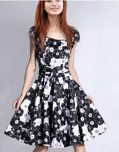 Ladies cotton stretch fabric with floral print dress with fabric belt  for size  32