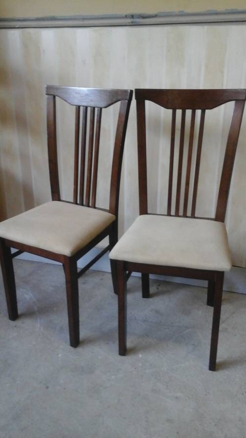 TWO SUPERB ANTIQUE LOOKING DARK WOOD AND FABRIC DINING ROOM CHAIRS, AWESOME  DETAILING