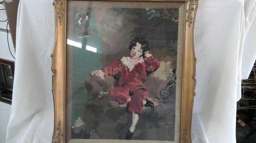 ORNATELY FRAMED VINTAGE TAPESTRY OF A YOUNG VICTORIAN BOY SITTING ON A CHAIR