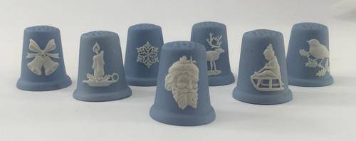 Wedgwood Jasperware Christmas Thimbles - 7 White on Blue Thimbles