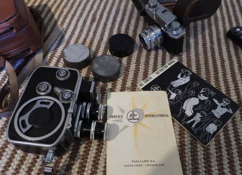 Old Bolex 8mm movie and a small film camera, photos show exact items, sold as pair
