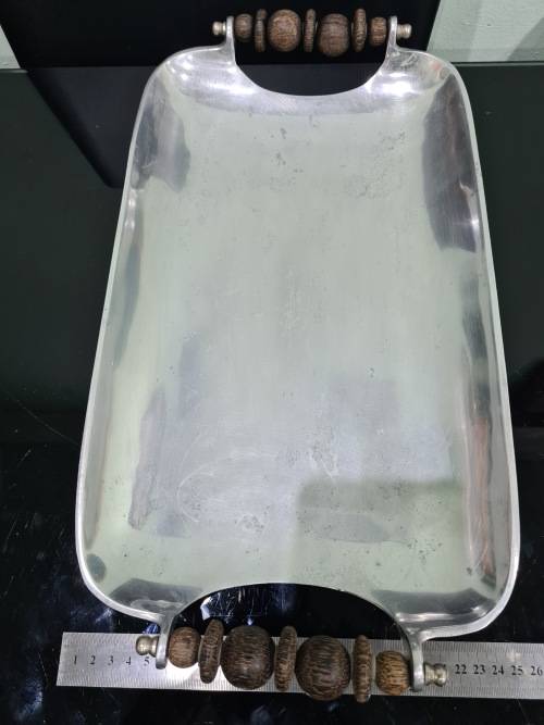 VINTAGE PEWTER SERVING TRAY WITH LOVELY WOODEN HANDLES